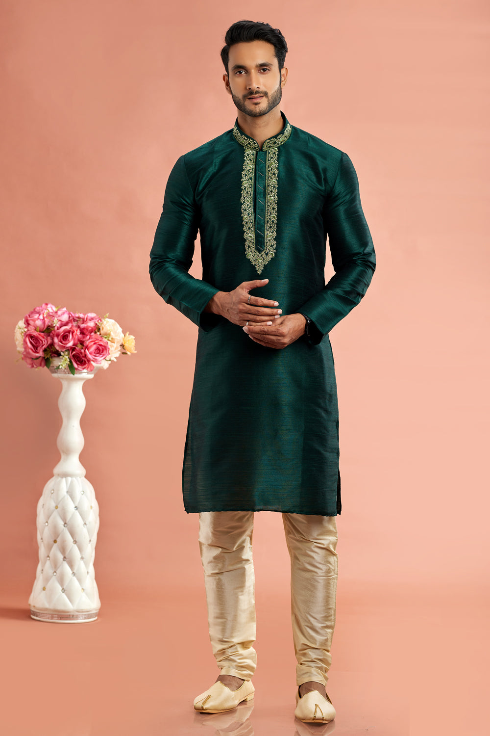 Green Banarasi Art Silk Kurta Pajama (NMK-7938) - Nihal Fashions