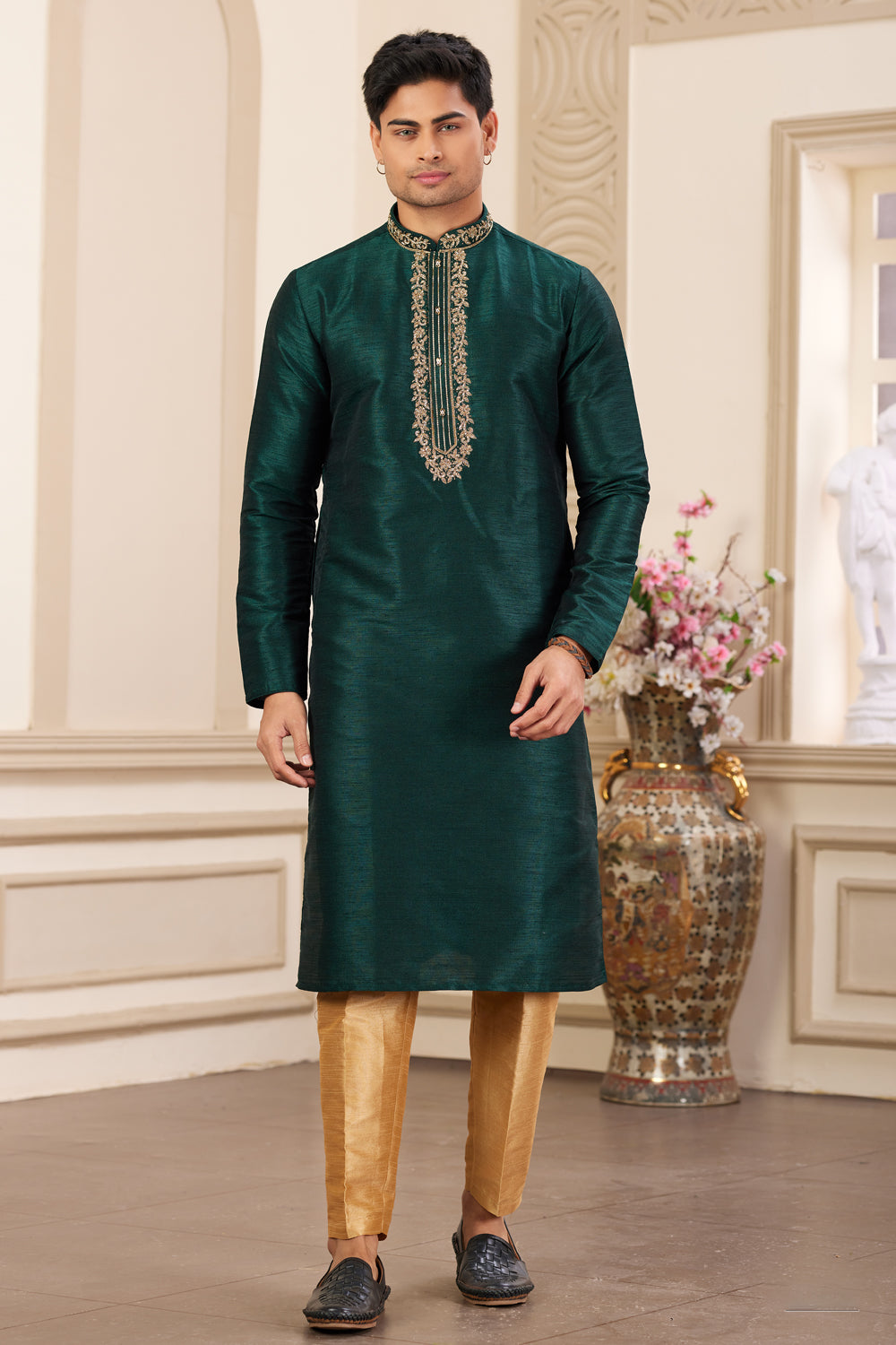 Green Banarasi Art Silk Kurta Pajama (NMK-8474) - Nihal Fashions