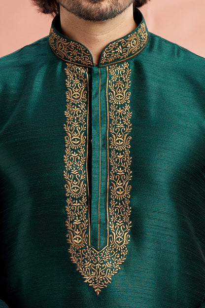 Green Banarasi Art Silk Mens Kurta Pajama (NMK-7940) - Nihal Fashions
