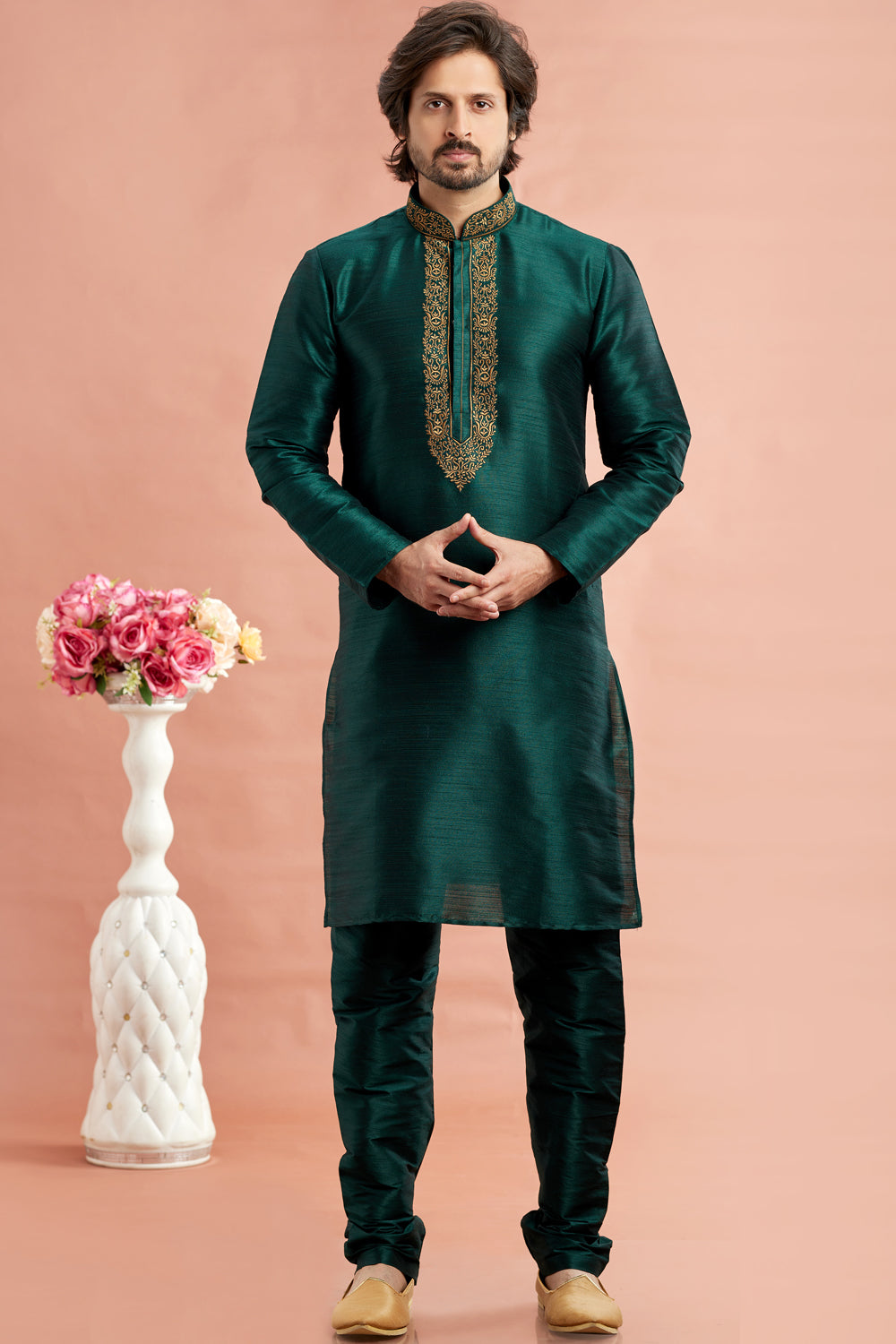 Green Banarasi Art Silk Mens Kurta Pajama (NMK-7940) - Nihal Fashions