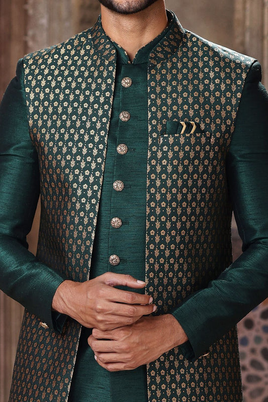Green Banarasi Jaquard Art Silk Indo Western (NMK-6848) - Nihal Fashions