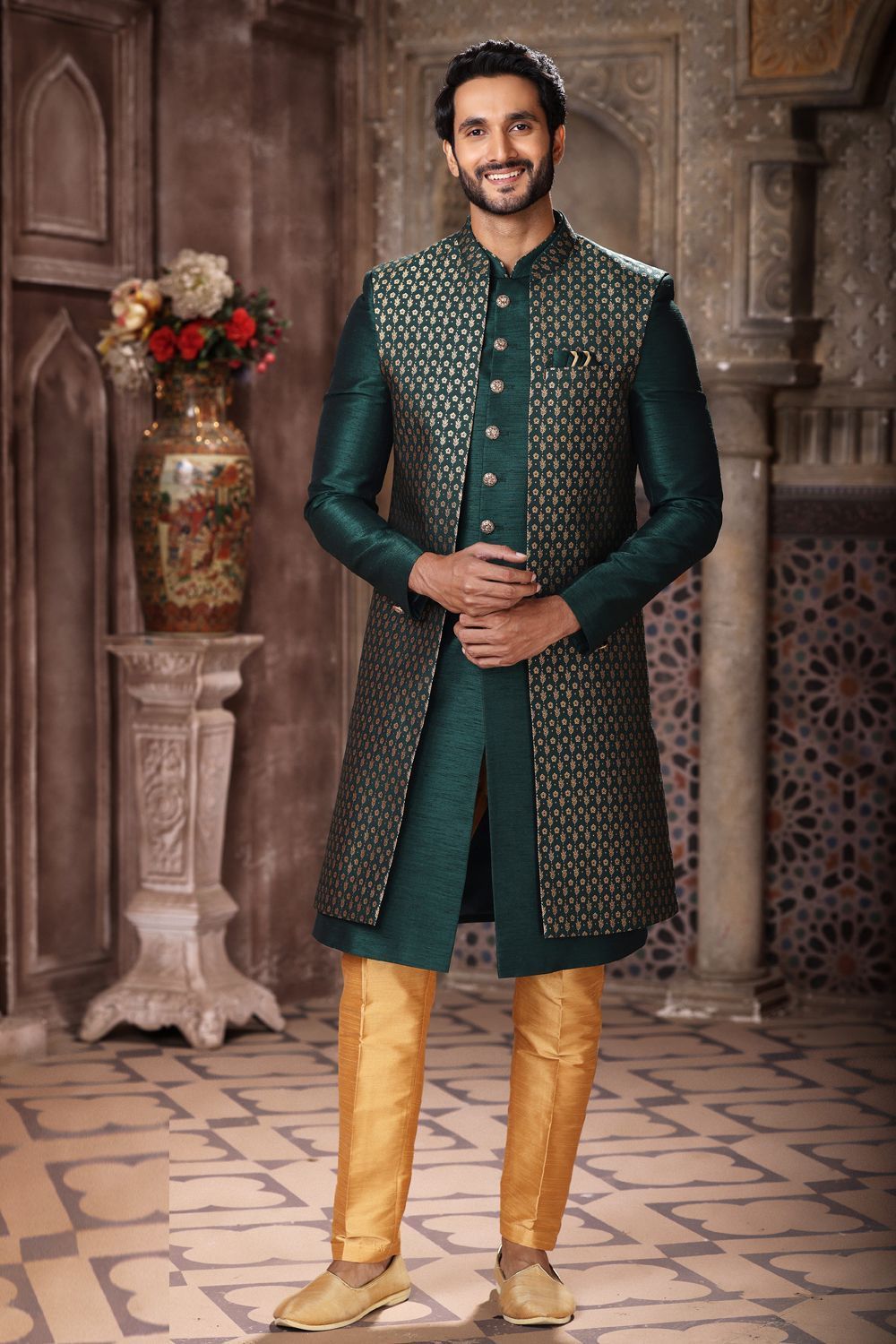 Green Banarasi Jaquard Art Silk Indo Western (NMK-6848) - Nihal Fashions