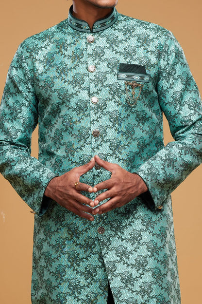 Green Banarasi Jaquard Indo Western for Men (NMK-7035) - Nihal Fashions
