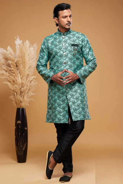 Green Banarasi Jaquard Indo Western for Men (NMK-7035) - Nihal Fashions