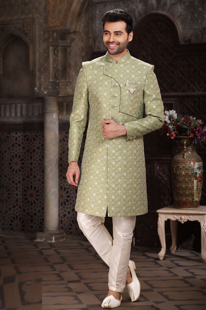 Green Banarasi Jaquard Indo Western (NMK-6855) - Nihal Fashions