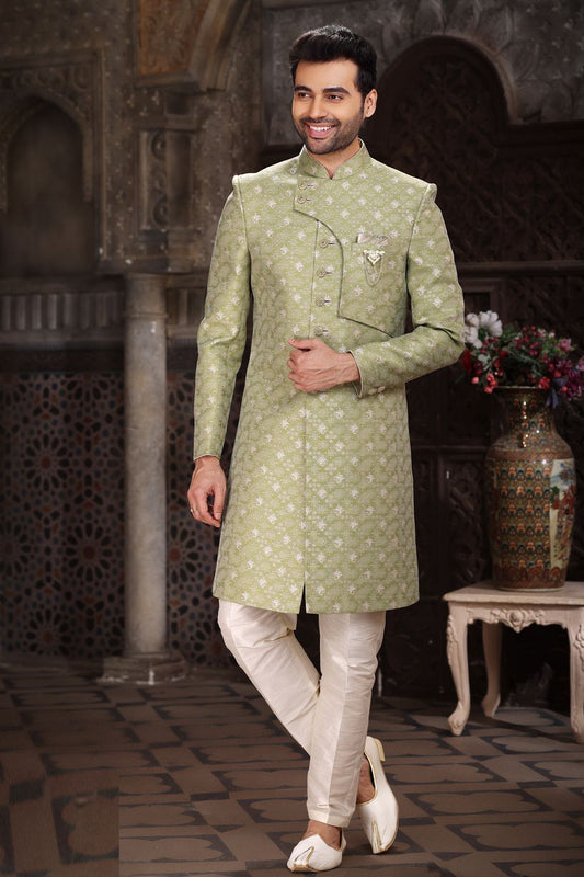 Green Banarasi Jaquard Indo Western (NMK-6855) - Nihal Fashions