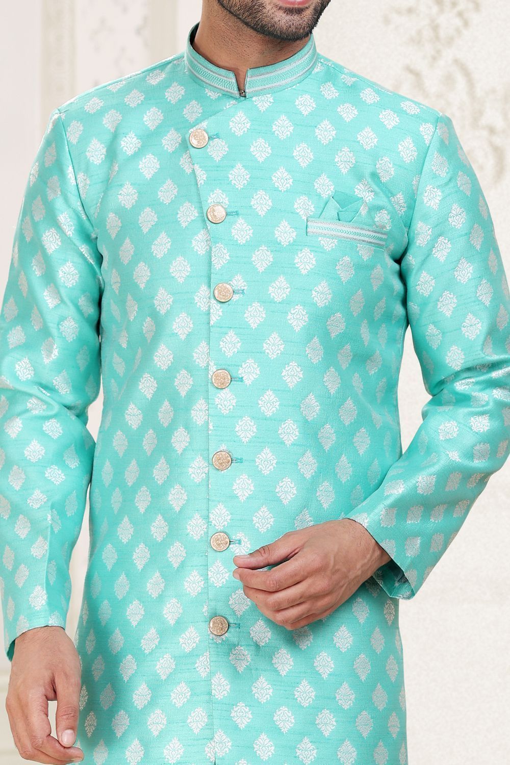 Green Banarasi Jaquard Indo Western (NMK-6897) - Nihal Fashions
