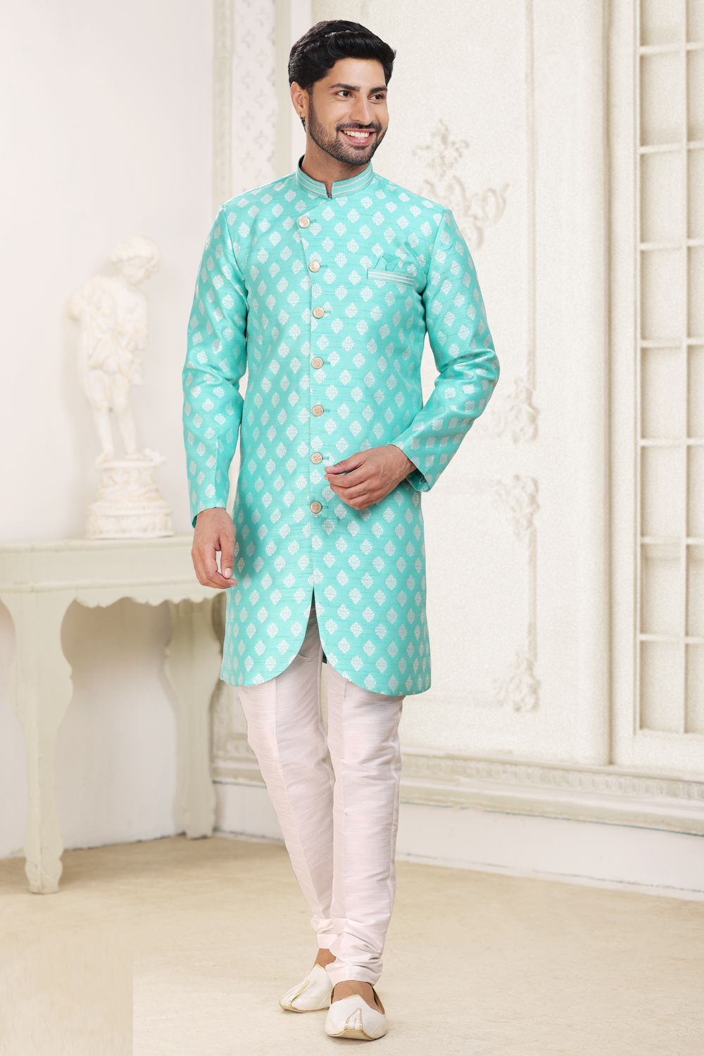 Green Banarasi Jaquard Indo Western (NMK-6897) - Nihal Fashions