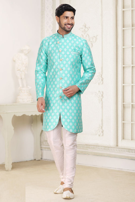Green Banarasi Jaquard Indo Western (NMK-6897) - Nihal Fashions