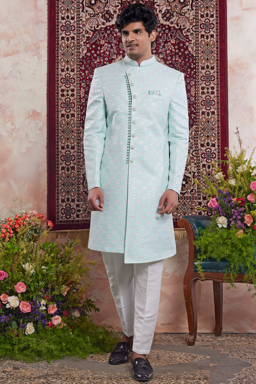 Green Banarasi Jaquard Indo Western (NMK-8560) - Nihal Fashions
