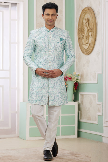 Green Banarasi Jaquard Indo Western (NMK-8586) - Nihal Fashions