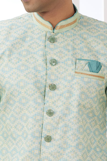 Green Banarasi Jaquard Mens Indo Western (NMK-8590) - Nihal Fashions