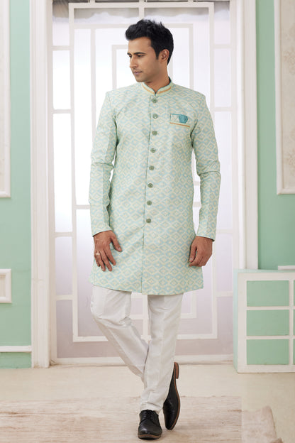 Green Banarasi Jaquard Mens Indo Western (NMK-8590) - Nihal Fashions