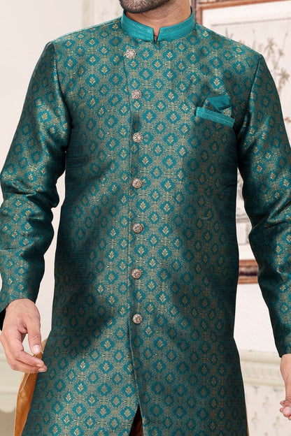 Green Banarasi JaquardMens Indo Western (NMK-6900) - Nihal Fashions