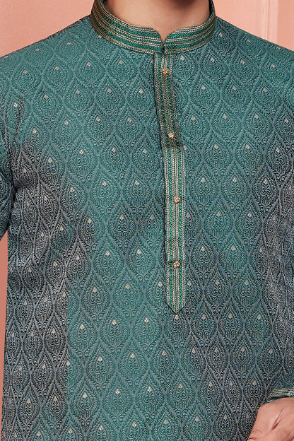 Green Banarasi Silk Mens Kurta Pajama (NMK-8174) - Nihal Fashions