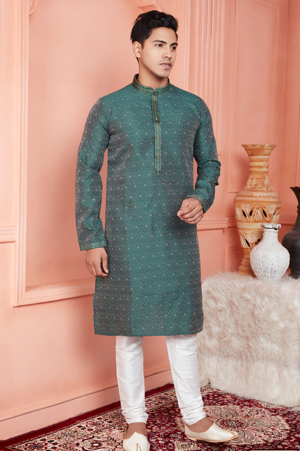 Green Banarasi Silk Mens Kurta Pajama (NMK-8174) - Nihal Fashions