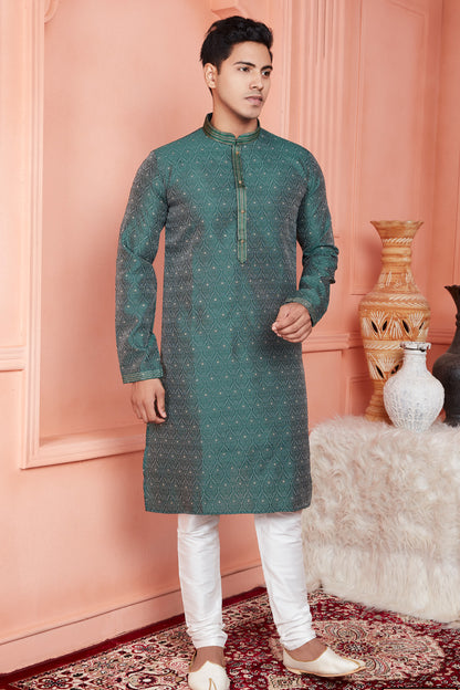 Green Banarasi Silk Mens Kurta Pajama (NMK-8174) - Nihal Fashions