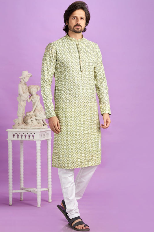 Green Cotton Kurta Pajama (NMK-7555) - Nihal Fashions