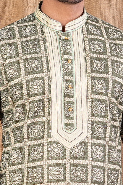 Green Cotton Kurta Pajama (NMK-8523) - Nihal Fashions