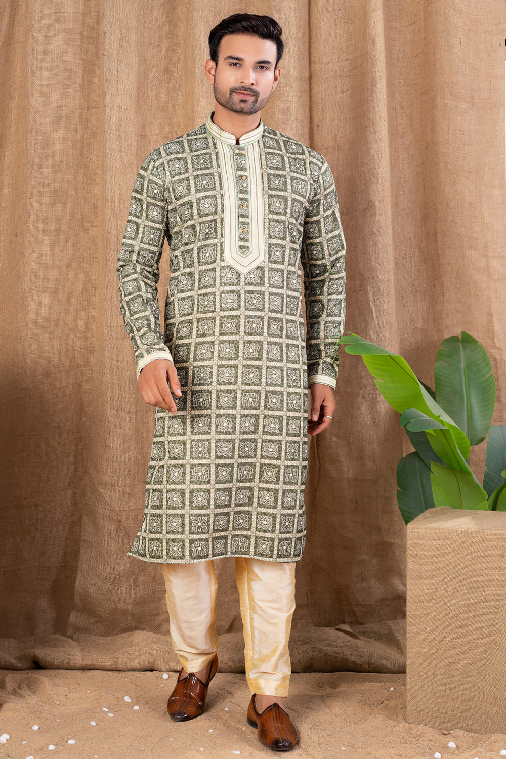 Green Cotton Kurta Pajama (NMK-8523) - Nihal Fashions
