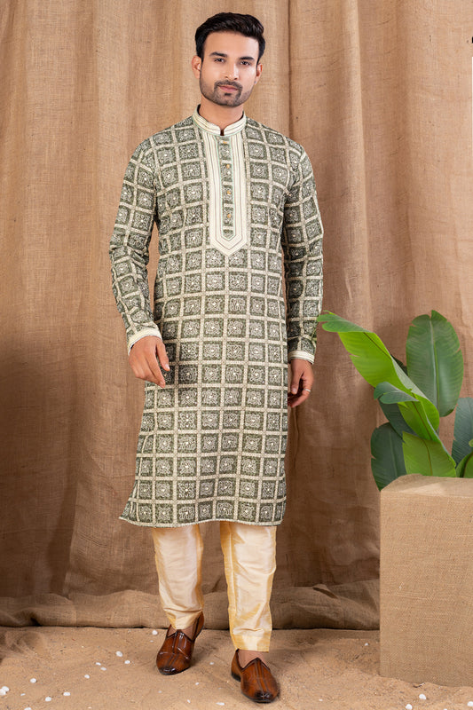 Green Cotton Kurta Pajama (NMK-8523) - Nihal Fashions