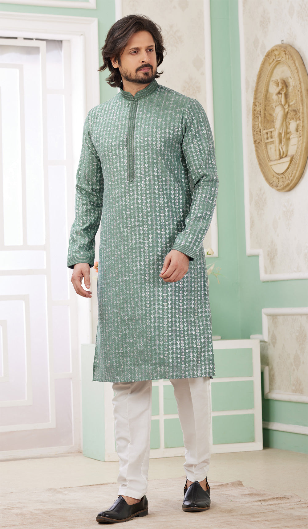 Green Embroidered Art Silk Kurta Pajama (NMK-8356) - Nihal Fashions