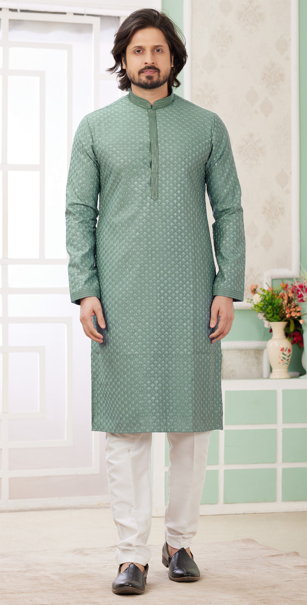 Green Embroidered Art Silk Kurtas for Men (NMK-8358) - Nihal Fashions