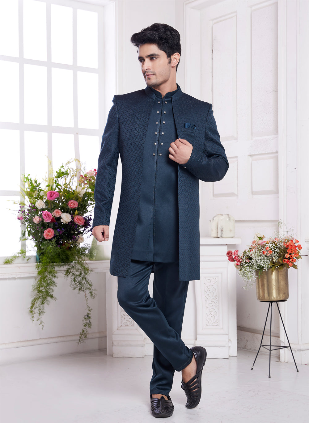 Green Imported Jaquard Silk 3 Pcs Jacket Set (NMK-8333) - Nihal Fashions