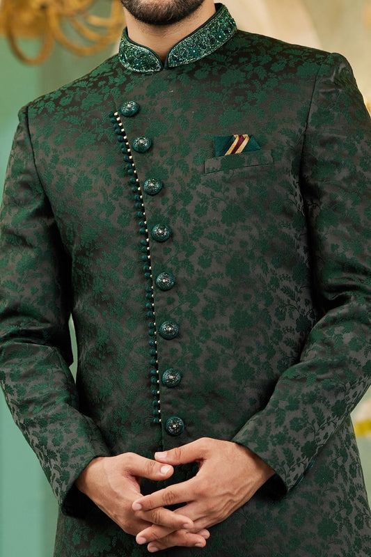 Green Imported Jaquard Silk Indo Western (NMK-7145) - Nihal Fashions