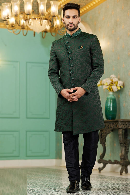 Green Imported Jaquard Silk Indo Western (NMK-7145) - Nihal Fashions