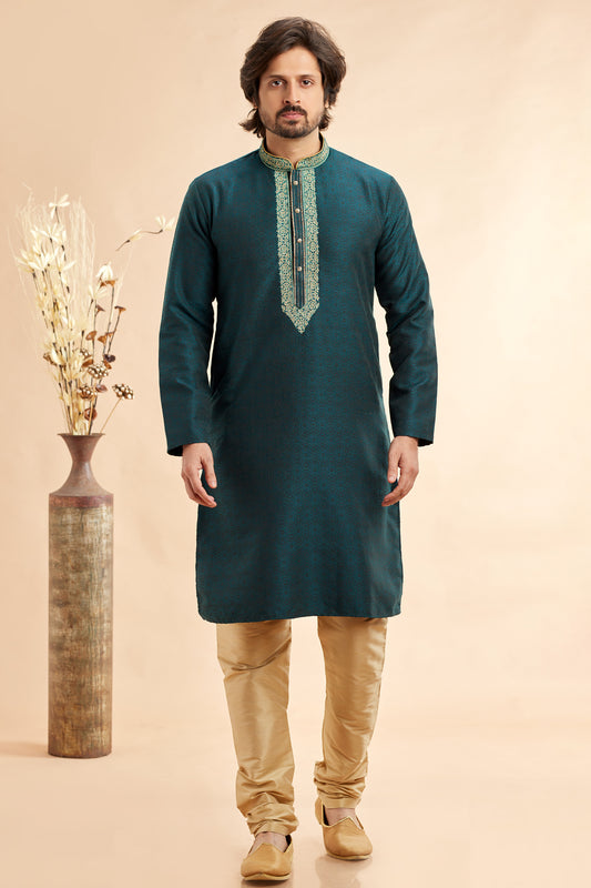 Green Jaquard Art Silk Kurta Pajama (NMK-7916) - Nihal Fashions