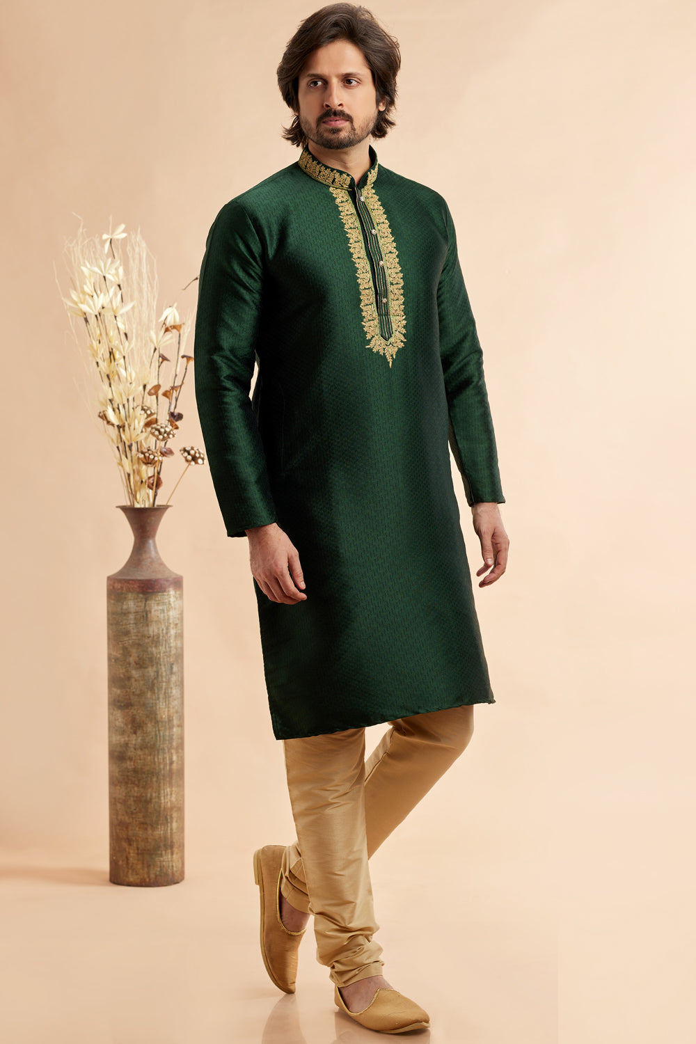 Green Jaquard Art Silk Mens Kurta Pajama (NMK-7925) - Nihal Fashions