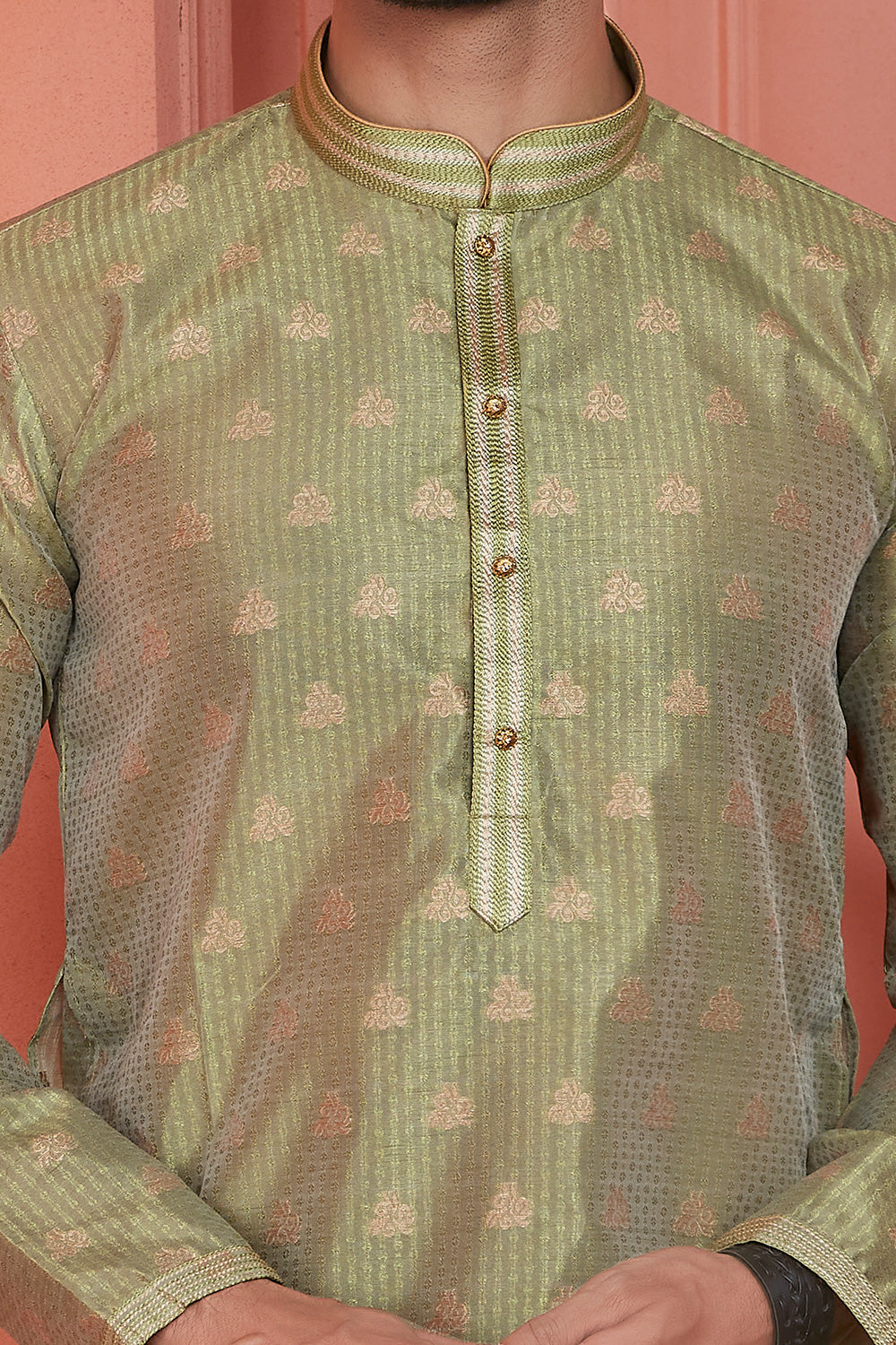 Green Jaquard Banarasi Silk Kurta for Men(NMK-8167) - Nihal Fashions