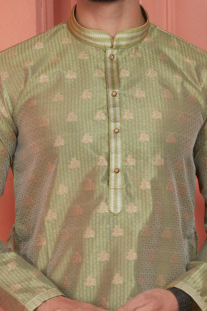 Green Jaquard Banarasi Silk Kurta for Men(NMK-8167) - Nihal Fashions