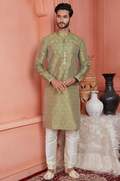 Green Jaquard Banarasi Silk Kurta for Men(NMK-8167) - Nihal Fashions