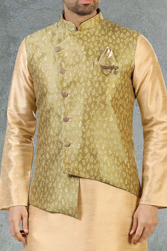 Green Jaquard Banarasi Silk Mens Nehru Jacket (NMK-5225)