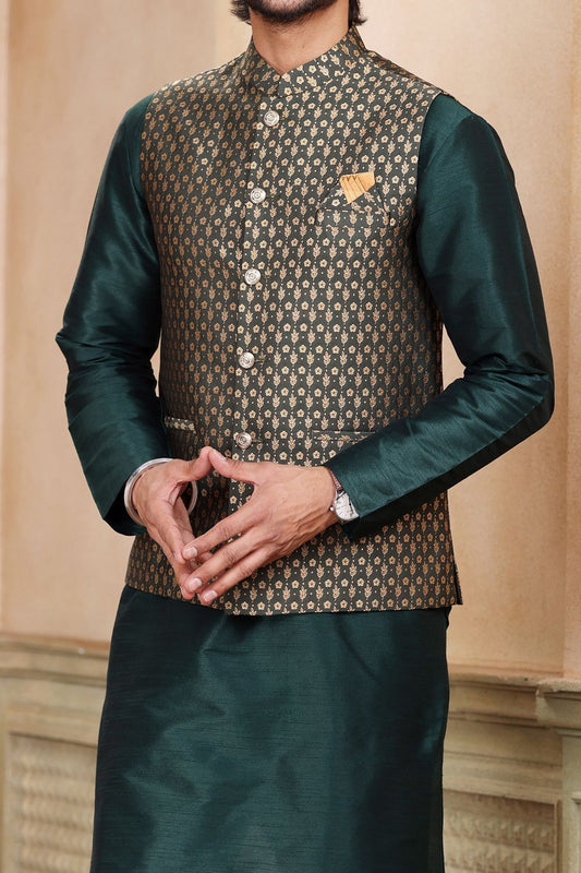 Green Jaquard Banarasi Silk Mens Nehru Jacket (NMK-7460) - Nihal Fashions
