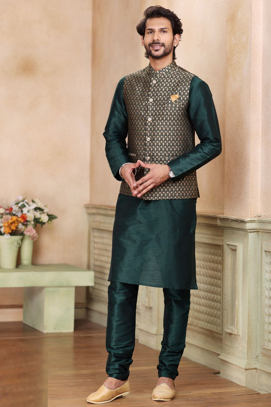 Green Jaquard Banarasi Silk Mens Nehru Jacket (NMK-7460) - Nihal Fashions