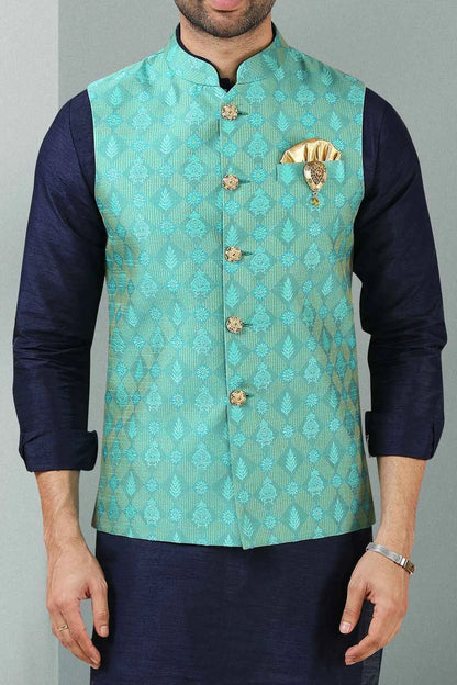 Green Jaquard Banarasi Silk Nehru Jacket (NMK-5868)