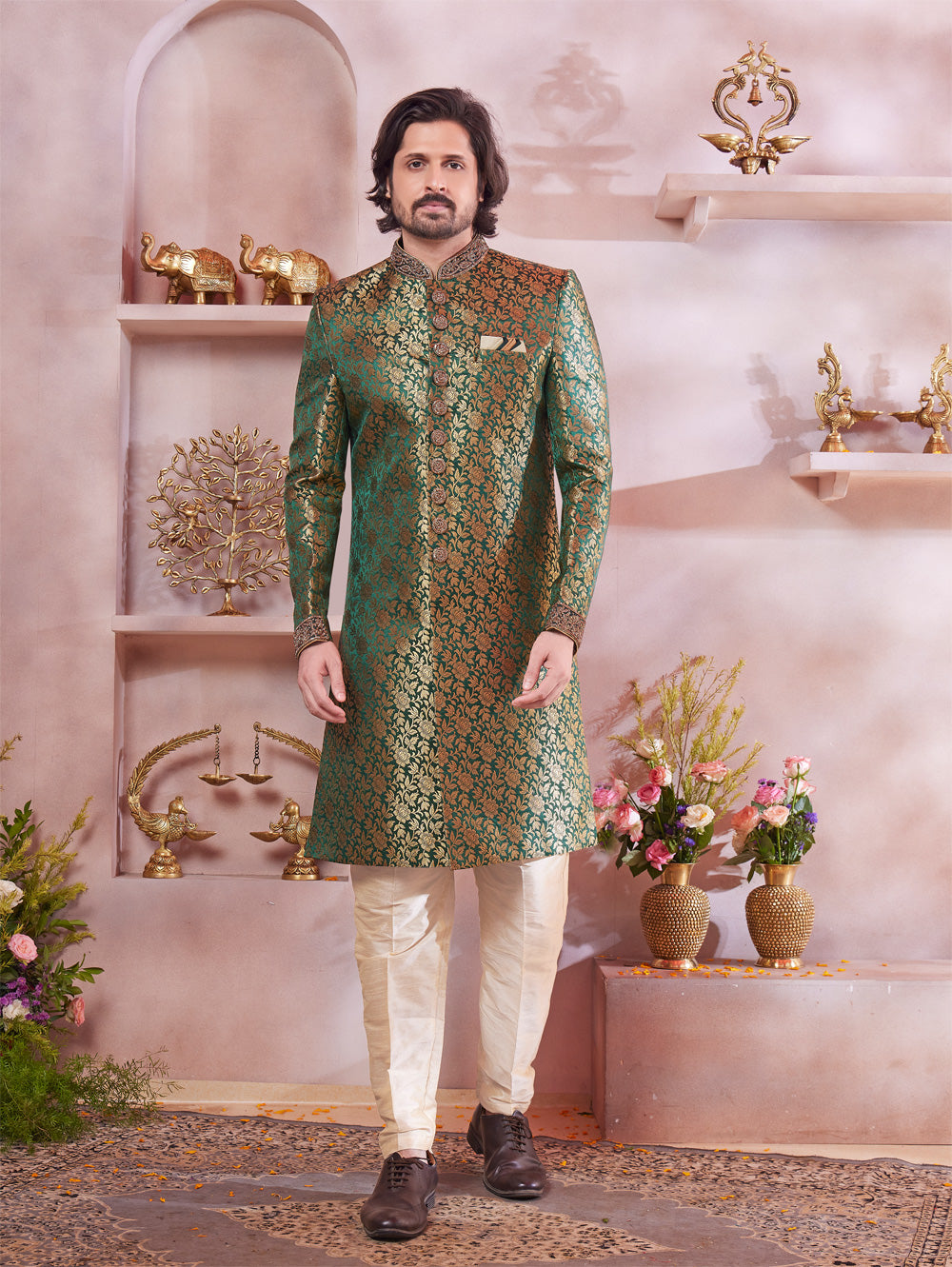 Green Jaquard Banarasi Silk Sherwani (NMK-8314) - Nihal Fashions
