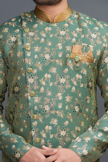 Green Jaquard Indo Western for Men (NMK-7317) - Nihal Fashions