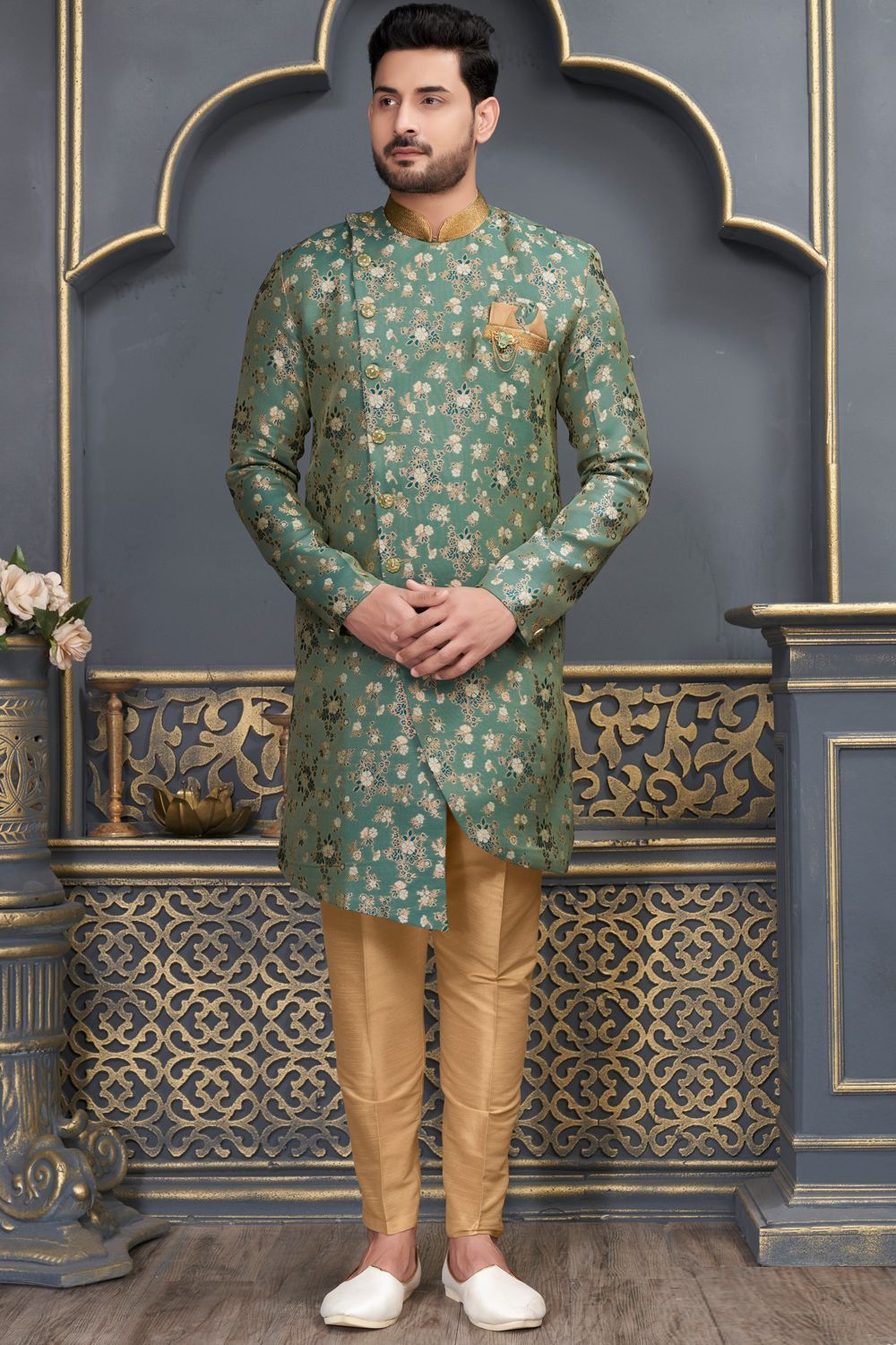 Green Jaquard Indo Western for Men (NMK-7317) - Nihal Fashions