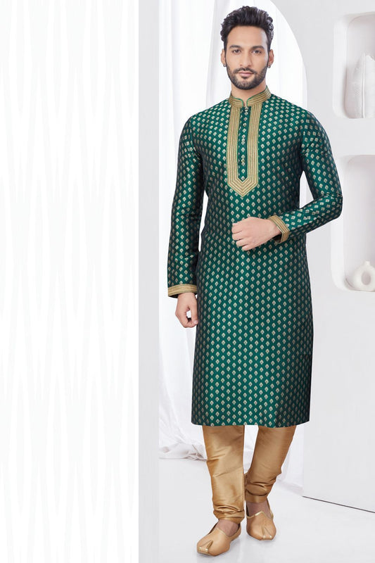 Green Jaquard Kurta Pajama (NMK-7806) - Nihal Fashions