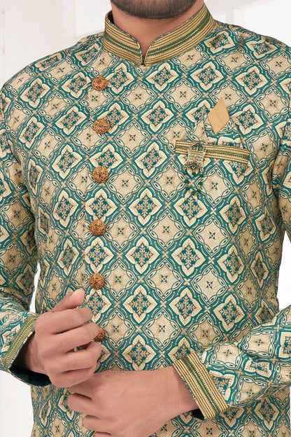 Green Jaquard Mens Indo Western (NMK-7315) - Nihal Fashions