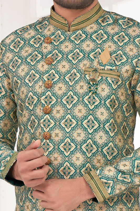Green Jaquard Mens Indo Western (NMK-7315) - Nihal Fashions