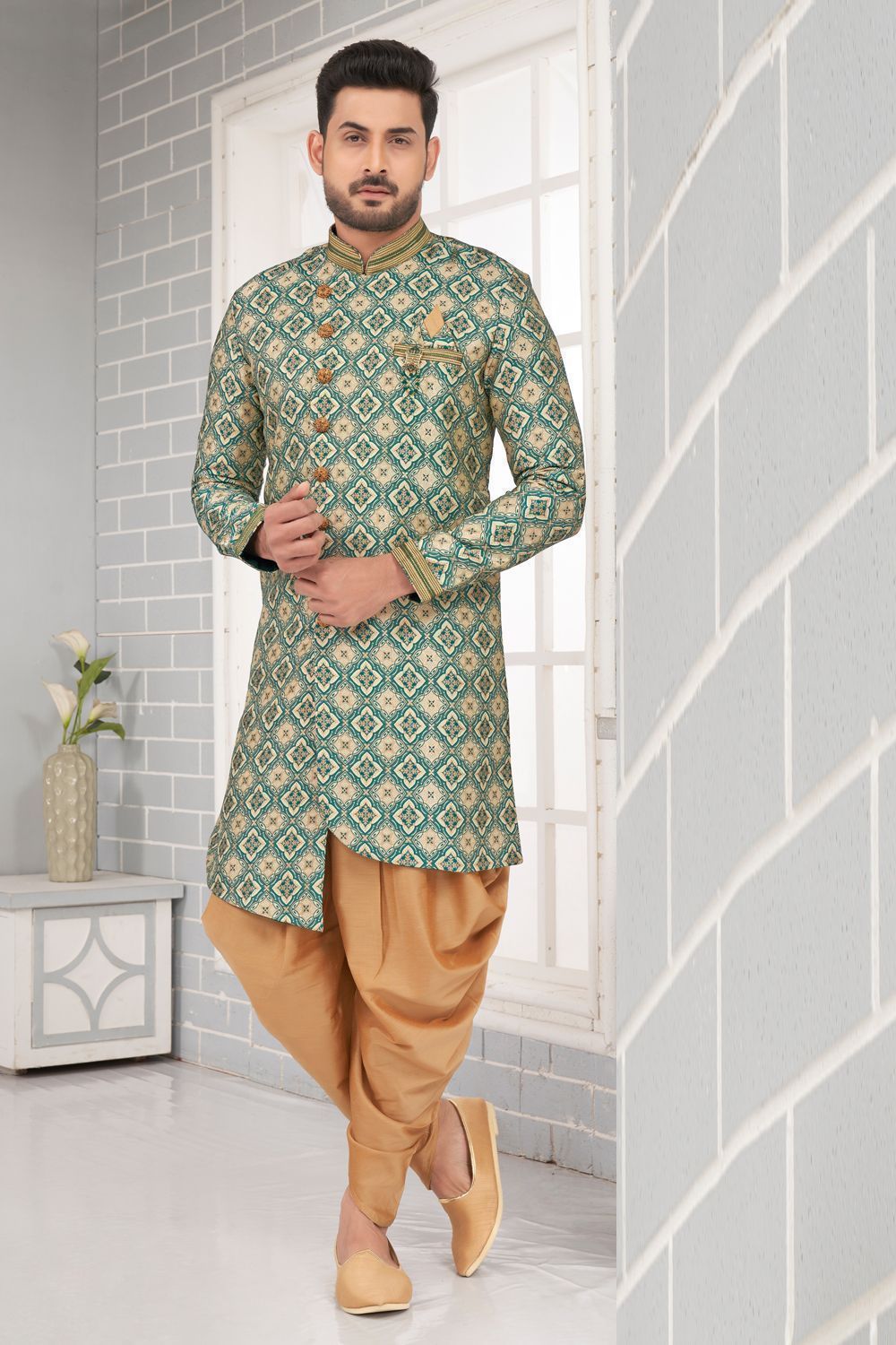 Green Jaquard Mens Indo Western (NMK-7315) - Nihal Fashions