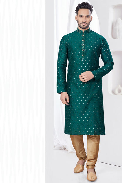 Green Jaquard Mens Kurta Pajama (NMK-7809) - Nihal Fashions