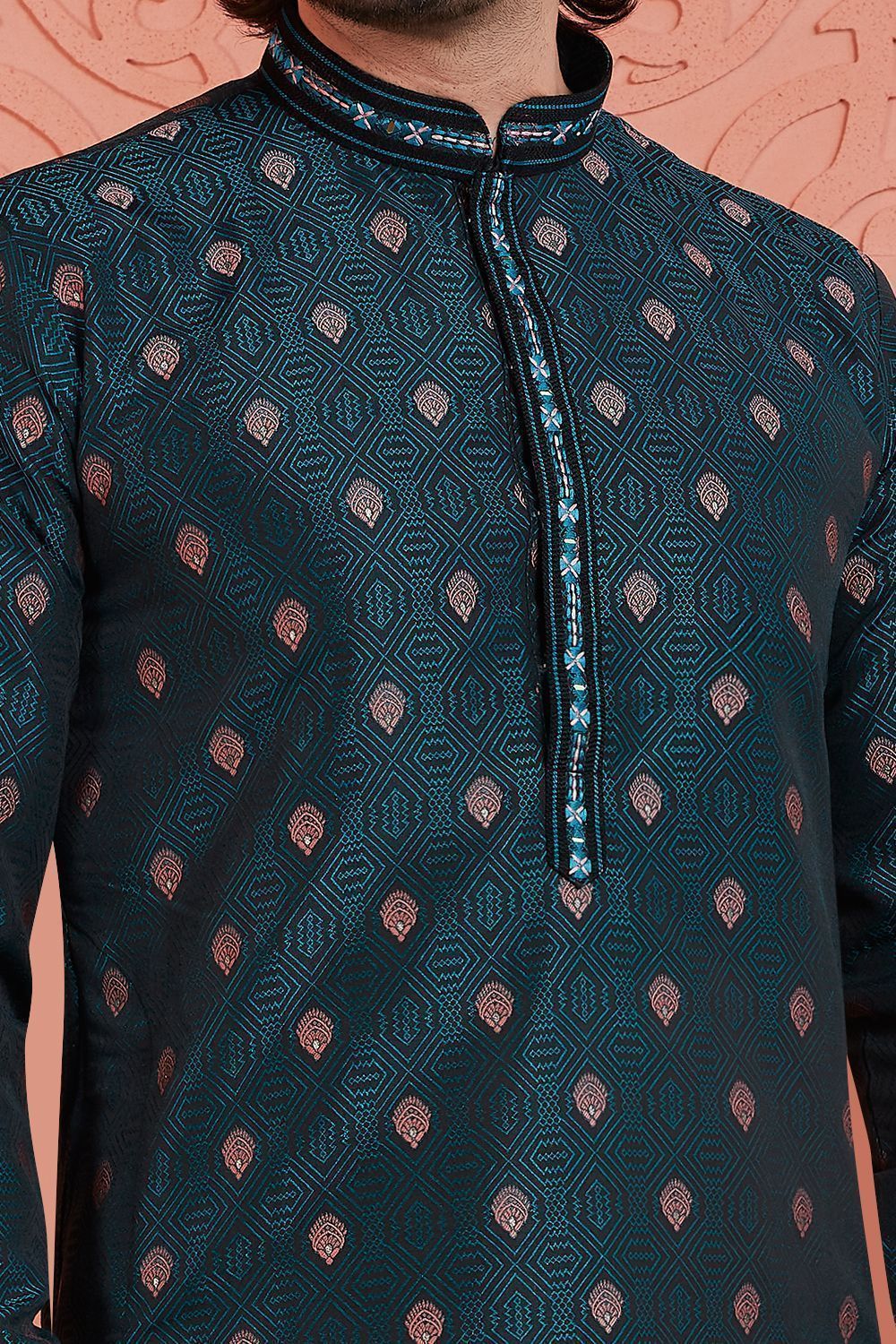 Green Jaquard Silk Brocade Kurta for Men (NMK-7764) - Nihal Fashions