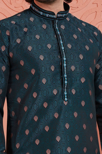 Green Jaquard Silk Brocade Kurta for Men (NMK-7764) - Nihal Fashions