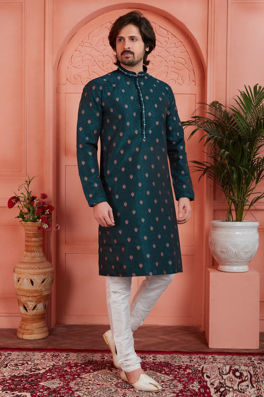 Green Jaquard Silk Brocade Kurta for Men (NMK-7764) - Nihal Fashions